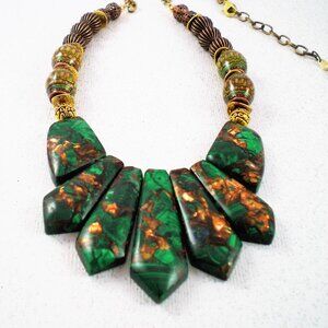 Malachite and Bronzite Gemstone Necklace; Couture, Hand Beaded